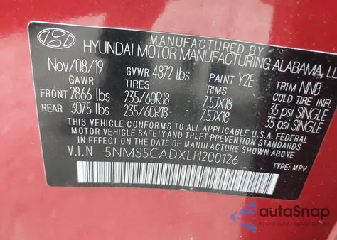 2020 Hyundai Santa Fe Limited from USA, damaged, VIN 5NMS5CADXLH200126